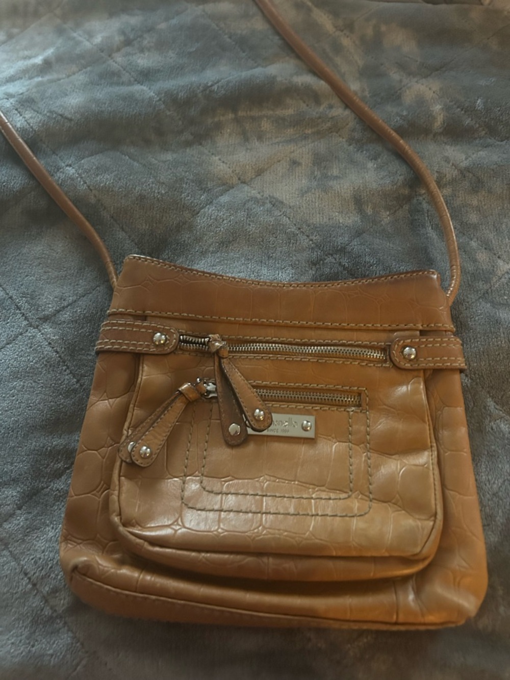 Tignanello Tan Croc-Embossed Crossbody Bag with Front Zips